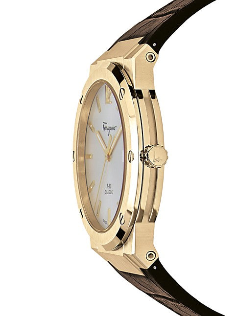 Salvatore Ferragamo F-80 Classic Silver Dial Brown Leather Strap Watch for Men - SFDT00419
