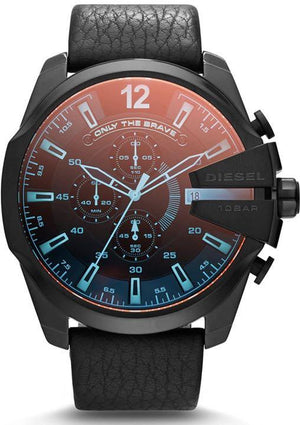 Diesel Mega Chief Chronograph Black Dial Black Leather Strap Watch For Men - DZ4323