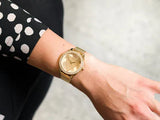 Guess Tri Glitz Quartz Diamonds Gold Dial Gold Mesh Bracelet Watch For Women - W1142L2