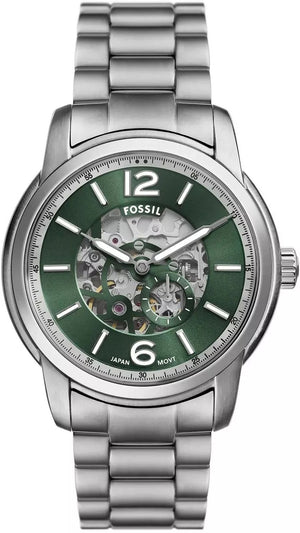 Fossil Heritage Green Dial Silver Steel Strap Watch for Men - ME3262