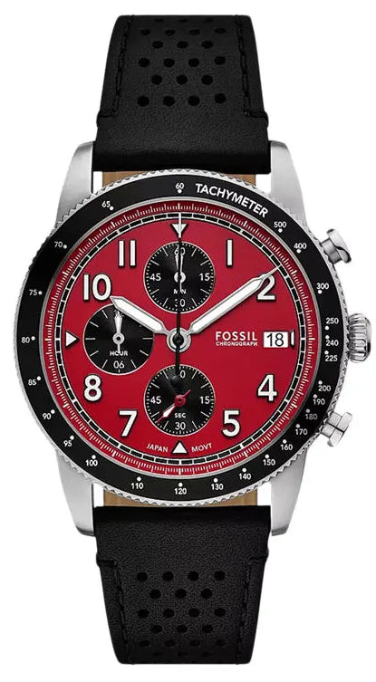 Fossil Tourer Red Dial Black Leather Strap Watch for Men - FS6086