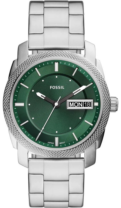 Fossil Machine Green Dial Silver Steel Strap Watch for Men - FS5899