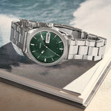 Fossil Machine Green Dial Silver Steel Strap Watch for Men - FS5899