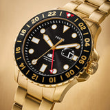 Fossil GMT Black Dial Gold Steel Strap Watch for Men - FS5990