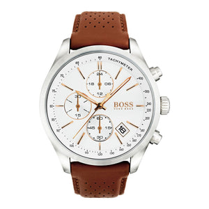 Hugo Boss Grand Prix Chronograph White Dial Brown Leather Strap Watch for Men - 1513475