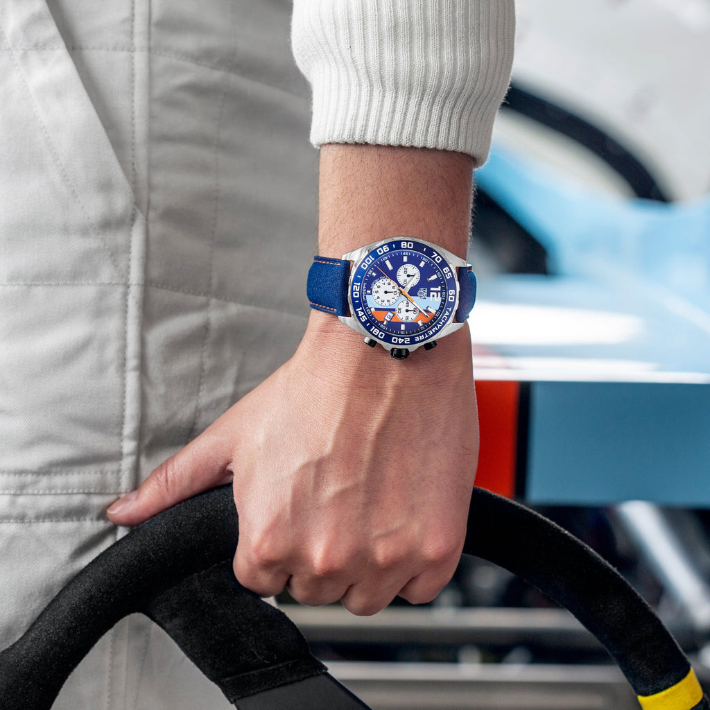 Tag Heuer Formula 1 Gulf Edition Blue Dial Blue Leather Strap Watch for Men - CAZ101N.FC8243