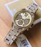 Michael Kors Mini Bradshaw Crystals Gold Dial Gold Steel Strap Watch For Women - MK6494