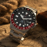 Fossil GMT Black Dial Silver Steel Strap Watch for Men - FS6092