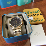 Fossil Evanston Black Dial Gold Steel Strap Watch for Men - BQ2611