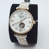 Emporio Armani Meccannico Gianni T-Bar Analog White Dial Two Tone Steel Strap Watch For Women - AR60019