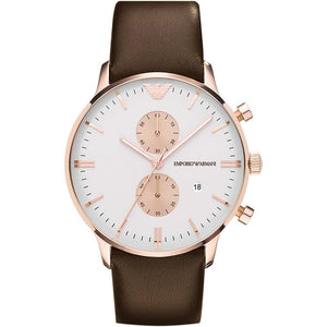 Emporio Armani Gianni Classic Chronograph White Dial Brown Leather Strap Watch For Men - AR0398