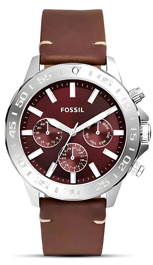 Fossil Bannon Red Dial Brown Leather Strap Watch for Men - BQ2806
