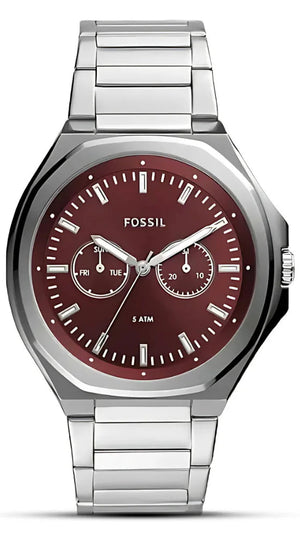Fossil Evanston Red Dial Silver Steel Strap Watch for Men - BQ2807