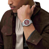 Fossil Evanston Red Dial Silver Steel Strap Watch for Men - BQ2807