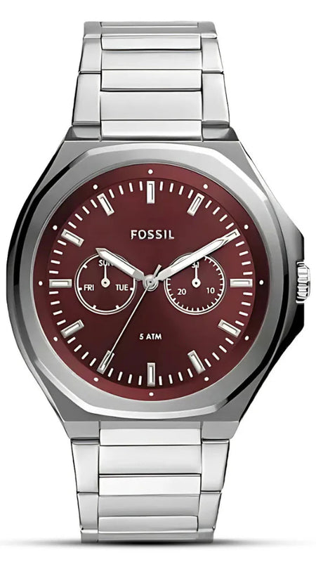 Fossil Evanston Red Dial Silver Steel Strap Watch for Men - BQ2807