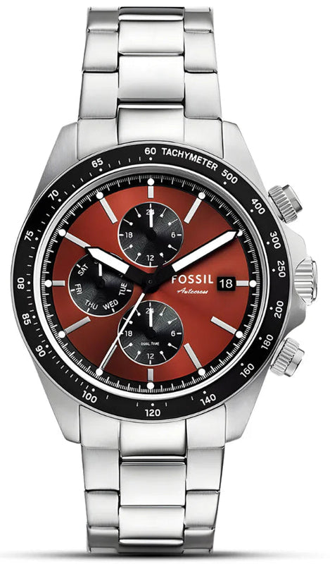 Fossil Autocross Red Dial Silver Steel Strap Watch for Men - BQ2895