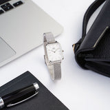 Daniel Wellington Quadro Sterling White Dial Silver Mesh Strap Watch For Women - DW00100438