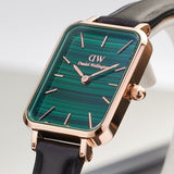 Daniel Wellington Quadro Pressed Sheffield Green Dial Black Leather Strap Watch For Women - DW00100439