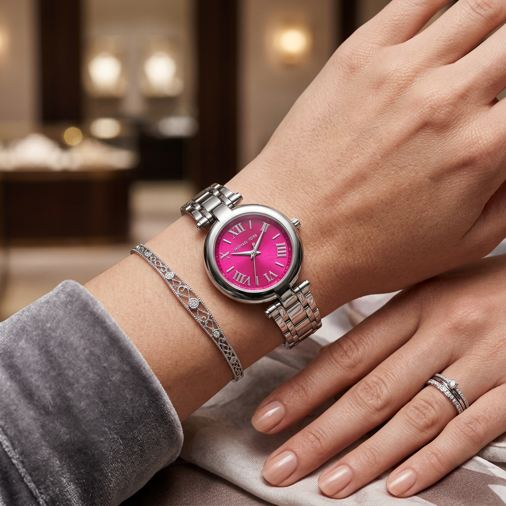 Michael Kors Laney Pink Dial Silver Steel Strap Watch for Women - MKO1127