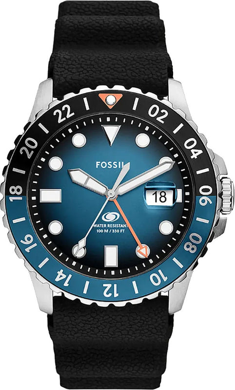 Fossil GMT Blue Dial Black Silicon Strap Watch for Men - FS6049