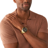 Fossil GMT Black Dial Gold Steel Strap Watch for Men - FS5990