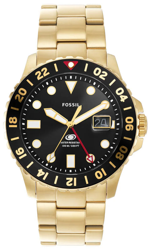 Fossil GMT Black Dial Gold Steel Strap Watch for Men - FS5990