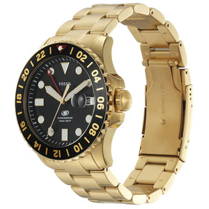 Fossil GMT Black Dial Gold Steel Strap Watch for Men - FS5990