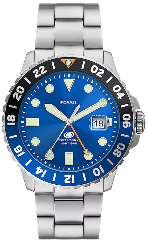 Fossil GMT Blue Dial Silver Steel Strap Watch for Men - FS5991