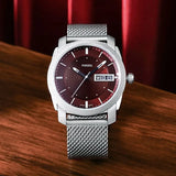 Fossil Machine Red Dial Silver Steel Strap Watch for Men - FS6014