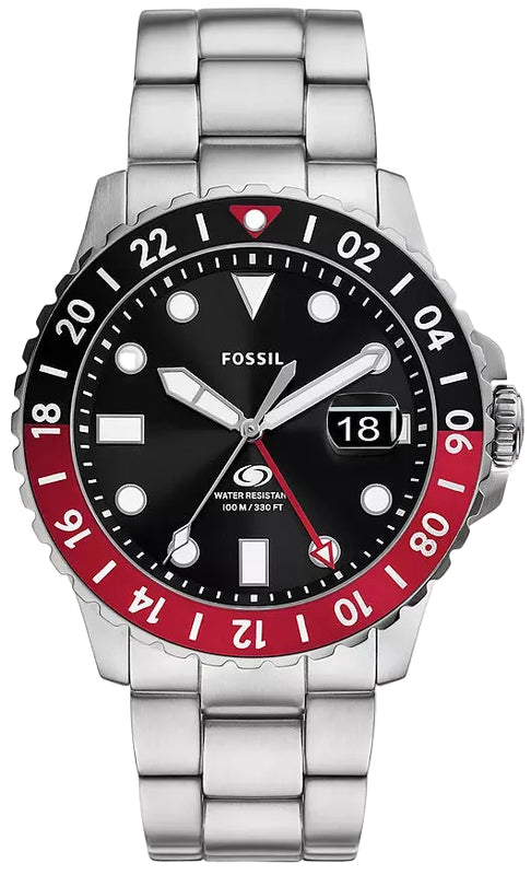 Fossil GMT Black Dial Silver Steel Strap Watch for Men - FS6092