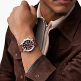 Fossil Bannon Red Dial Brown Leather Strap Watch for Men - BQ2806