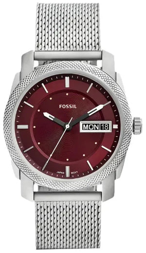 Fossil Machine Red Dial Silver Steel Strap Watch for Men - FS6014