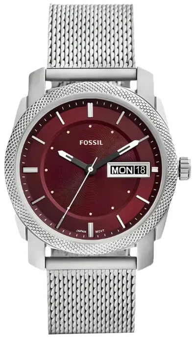 Fossil Machine Red Dial Silver Steel Strap Watch for Men - FS6014