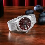 Fossil Machine Red Dial Silver Steel Strap Watch for Men - FS6014