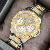 Guess Frontier Chronograph Crystals Gold Dial Two Tone Steel Strap Watch For Women - W1156L5
