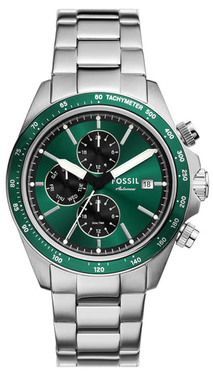 Fossil Autocross Green Dial Silver Steel Strap Watch for Men - BQ2878