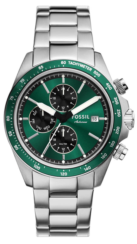 Fossil Autocross Green Dial Silver Steel Strap Watch for Men - BQ2878