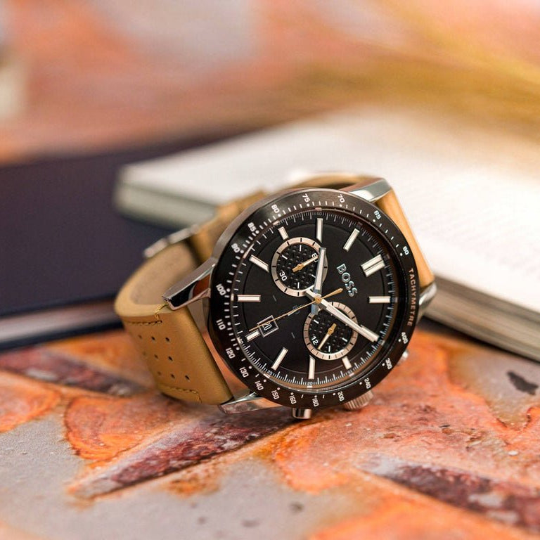 Hugo Boss Allure Chronograph Black Dial Brown Leather Strap Watch for Men - 1513964