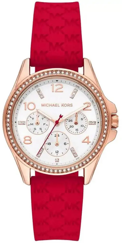 Michael Kors Pilot White Dial Rose Red Silicone Strap Watch for Women - MKO1005
