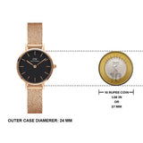 Daniel Wellington Petite Pressed Melrose Black Dial Rose Gold Mesh Strap Watch For Women - DW00100440