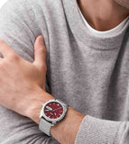 Fossil Machine Red Dial Silver Steel Strap Watch for Men - FS6014