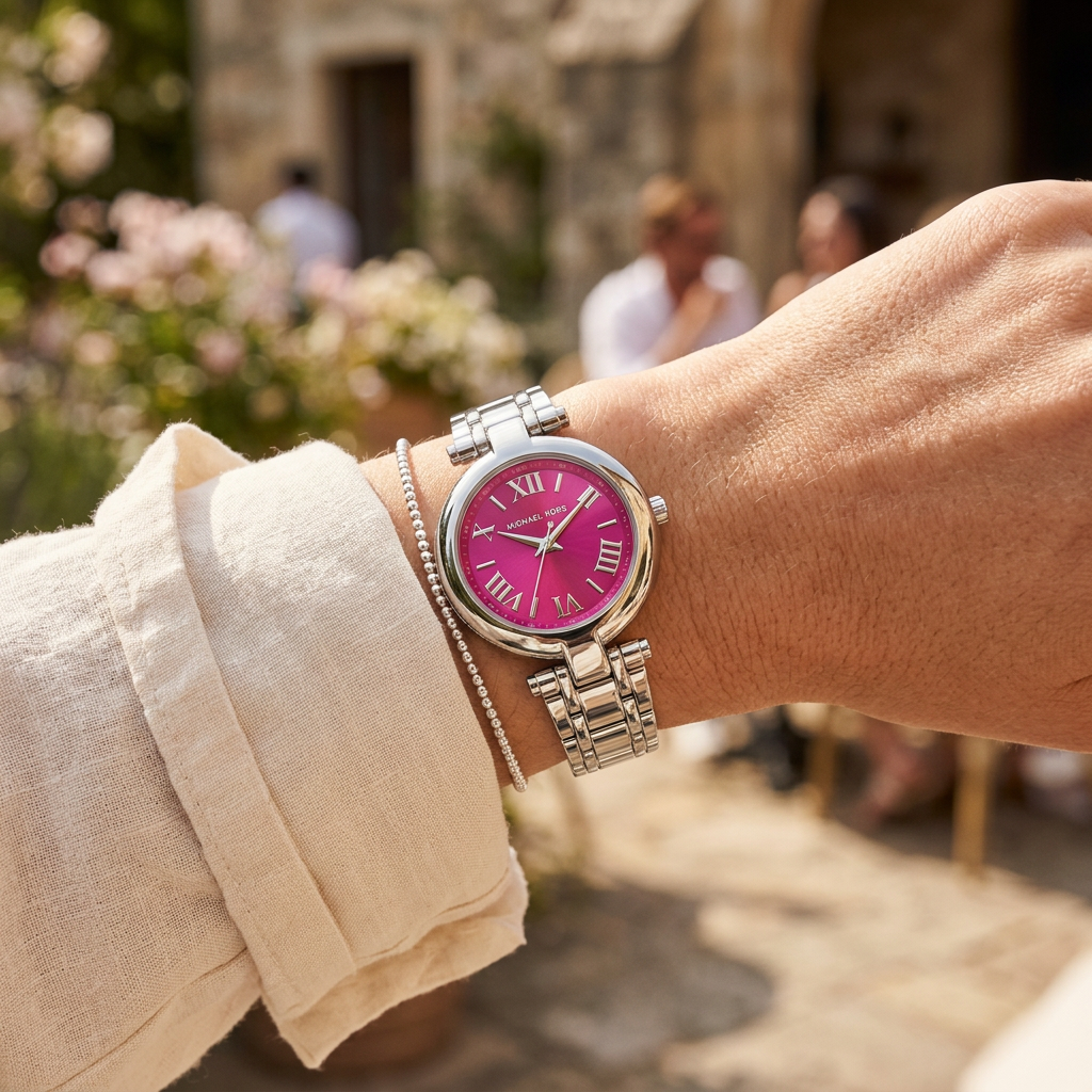 Michael Kors Laney Pink Dial Silver Steel Strap Watch for Women - MKO1127