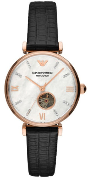 Emporio Armani Meccanico Gianni T Bar Mother of Pearl White Dial Black Leather Strap Watch For Women - AR60047