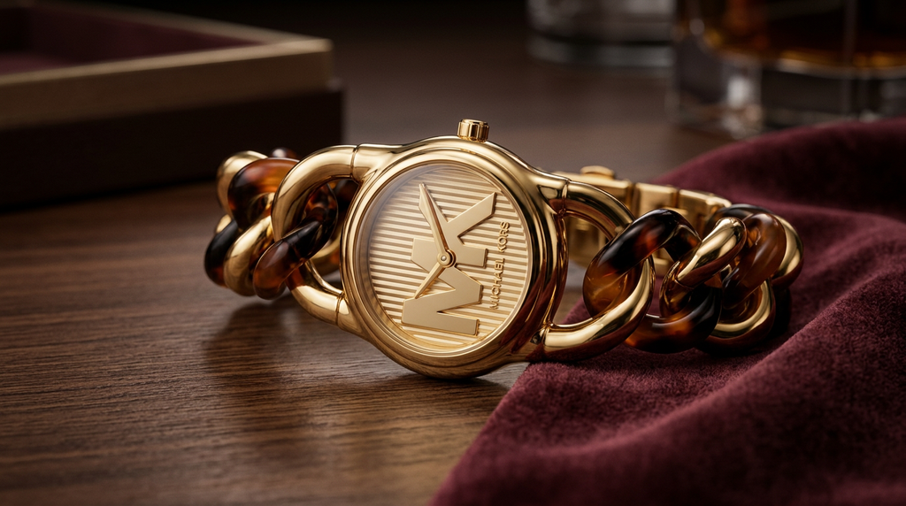 Michael Kors Petite Lock Gold Dial Two Tone Metal Chain Strap Watch for Women  - MKO1149