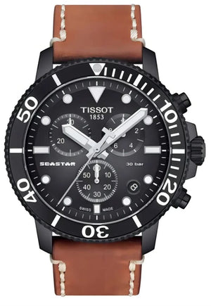 Tissot Seastar Black Dial Brown Leather Strap Watch for Men - T120.417.36.051.00
