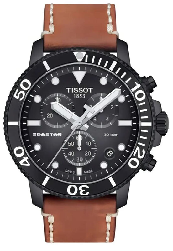 Tissot Seastar Black Dial Brown Leather Strap Watch for Men - T120.417.36.051.00