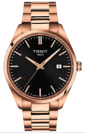 Tissot PR 100 Black Dial Rose Gold Steel Strap Watch for Men - T150.410.33.051.00