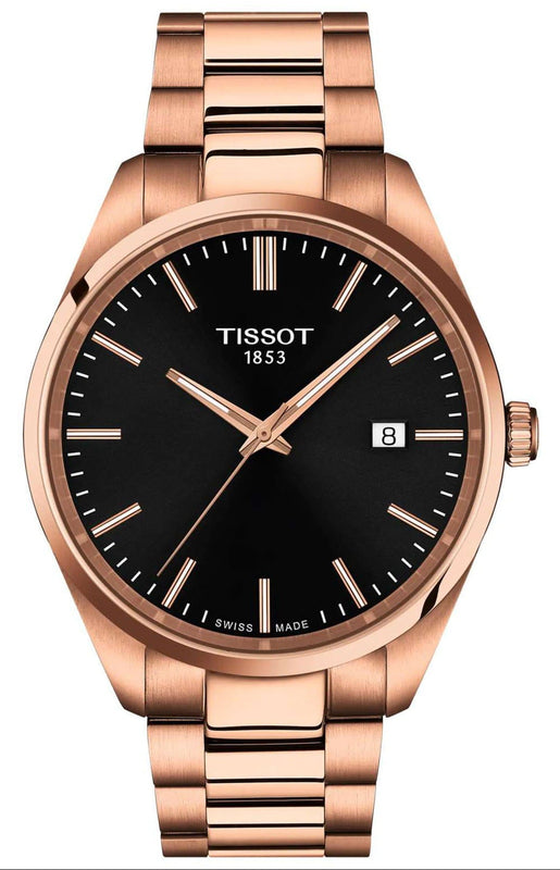 Tissot PR 100 Black Dial Rose Gold Steel Strap Watch for Men - T150.410.33.051.00