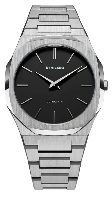 D1 Milano Ultra Thin Matte Black Dial Silver Steel Strap Watch for Men - D1-UTBJ40