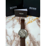 Hugo Boss Grand Prix Chronograph Grey Dial Brown Leather Strap Watch for Men - 1513476